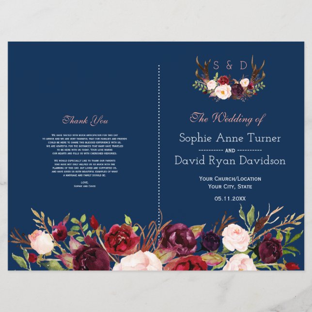Flyer Burgundy Floral Antlers Blue Weding Program (Frente)