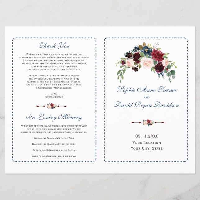 Flyer Burgundy Red Marsala - Programa de Casamento Flora (Frente)