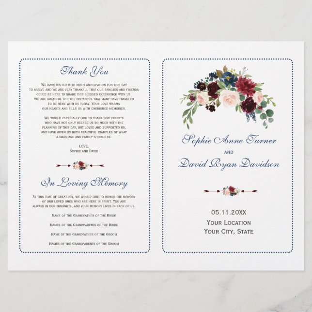 Flyer Burgundy Red Marsala - Programa de Casamento Flora (Frente)