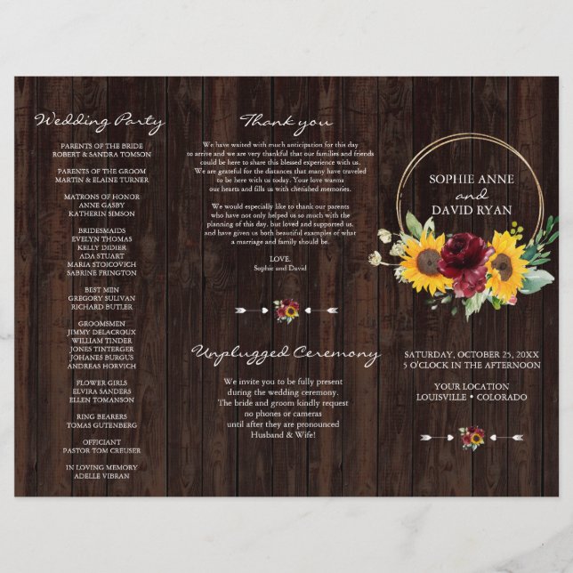 Flyer Burgundy Sunflower Wood Tri+Fold Weding Program (Frente)