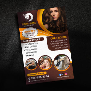 Flyer Cabeleireiro Laranja Marrom Salão de Maquiagem