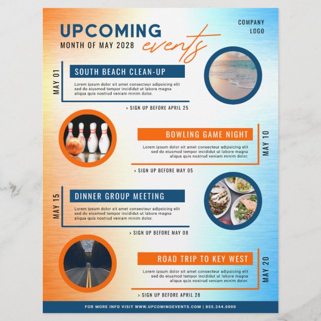 Flyer Calendário Azul e Laranja Foto de Eventos (Frente)