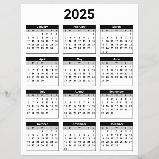 Flyer Calendário geral de 2025 em preto e branco (Frente)