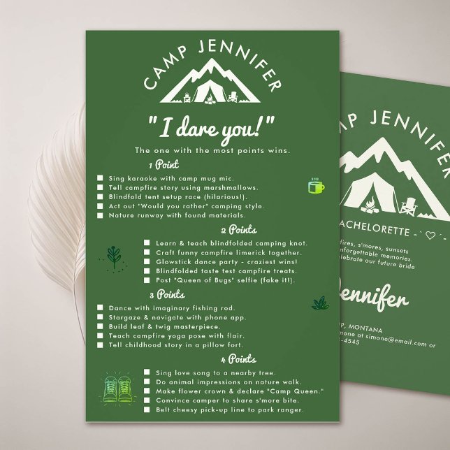 Flyer Camp Festa de solteira Game Atrevo Floresta Verde (camp bachelorette party forest green game dare you)