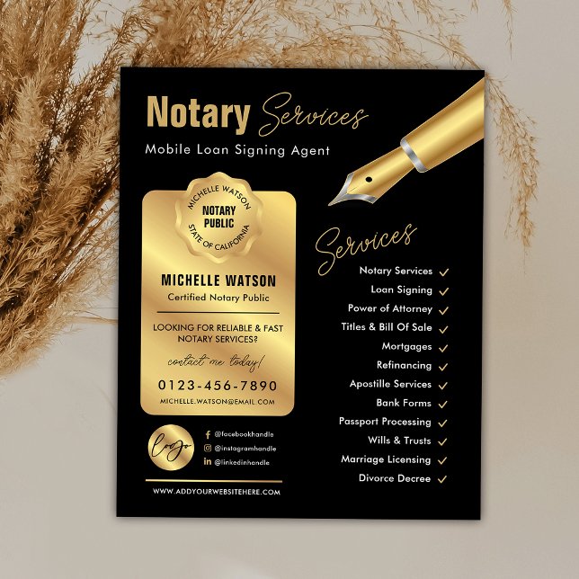 Flyer Carimbo do agente de assinatura de empréstimo notá (Modern black and gold loan signing agent & notary marketing flyer with your custom photo and logo)