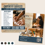 Flyer Carpinteiro de Madeira Construção de Handyman Azul<br><div class="desc">Atrair mais clientes à sua empresa com este folheto de marketing de na moda. Uma escolha perfeita se você está procurando uma vibração rústica, natural ou artesanal. Apresentando textura de madeira e letras arrojadas rústicas, com cinco fotos para mostrar seu trabalho. Personalize o modelo com seu nome, título, descrição, lista...</div>