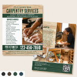 Flyer Carpinteiro de Madeira Construção Handyman Verde<br><div class="desc">Atrair mais clientes à sua empresa com este folheto de marketing de na moda. Uma escolha perfeita se você está procurando uma vibração rústica, natural ou artesanal. Apresentando textura de madeira e letras arrojadas rústicas, com cinco fotos para mostrar seu trabalho. Personalize o modelo com seu nome, título, descrição, lista...</div>