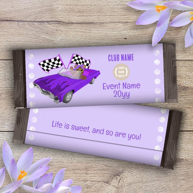 Flyer Carro Clássico Púrpura, Bar de Urso de Teddy (teddy bear classic car purple party favor candy bar wrapper personalized diy chocolate label w/ logo)