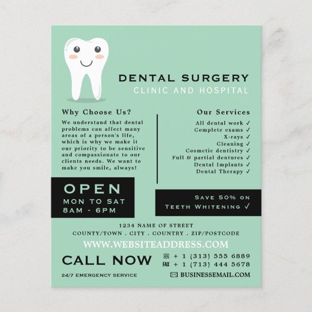 Flyer Cartoon Tooth Logo, Dentistry, Dentist Advertising (Frente)