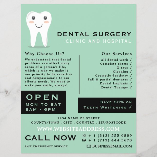 Flyer Cartoon Tooth Logo, Dentistry, Dentist Advertising (Frente)
