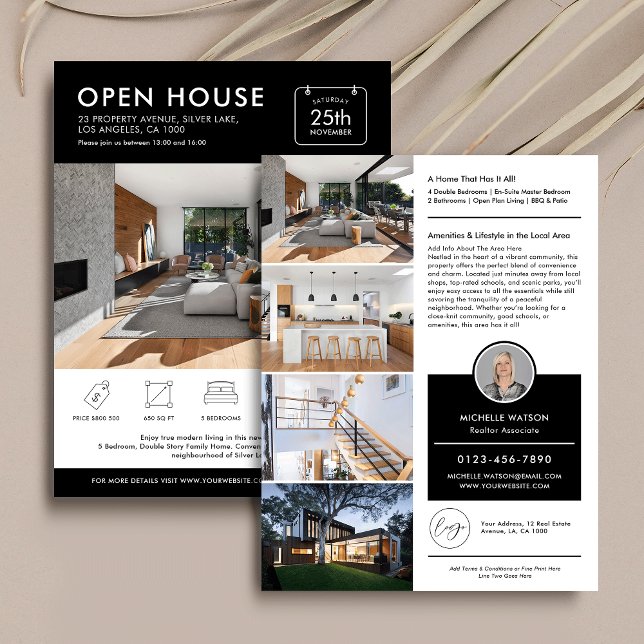 Flyer Casa Aberta Mínima Para Venda De Imóveis De Market (Minimalist open house property flyer with photos, your logo and custom text)