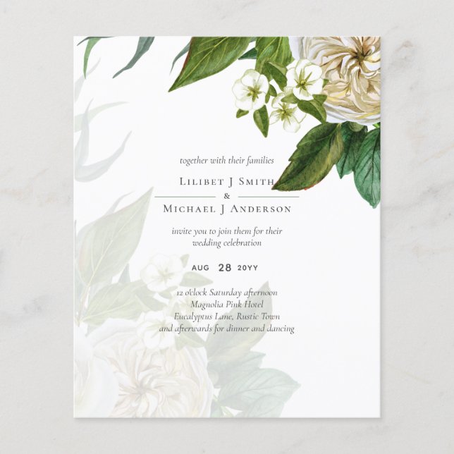 Flyer Casamento Azul Dusty - Rosas Brancas do Orçamento (Frente)
