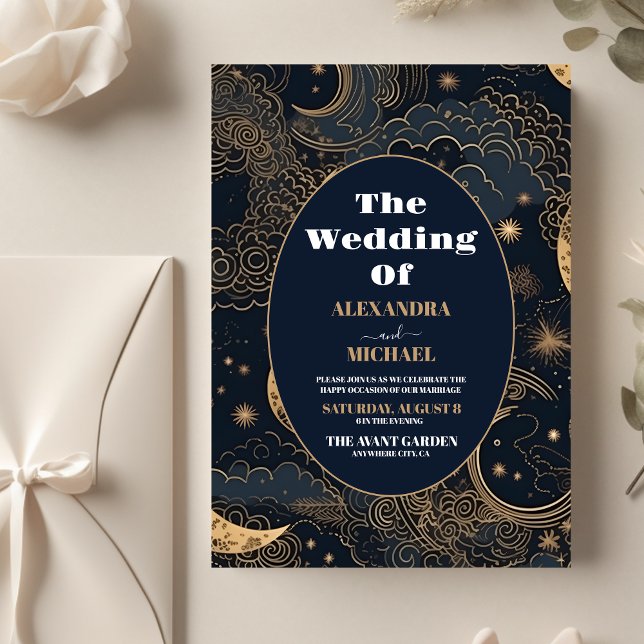 Flyer Casamento Celestial Azul Dourado à Meia-Noite (Criador carregado)