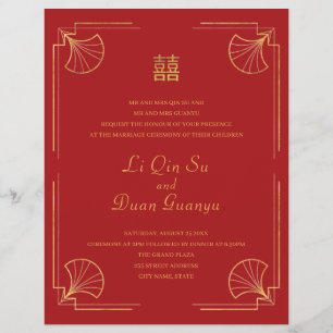 Flyer Casamento Chinês de Dupla Felicidade Vermelha e Do
