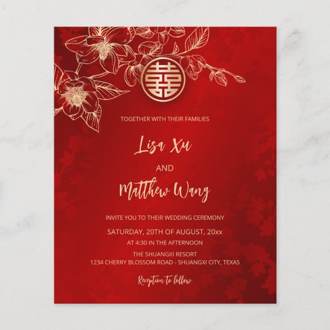 Flyer Casamento Chinês Vermelho Dourado Magnólia (Frente)