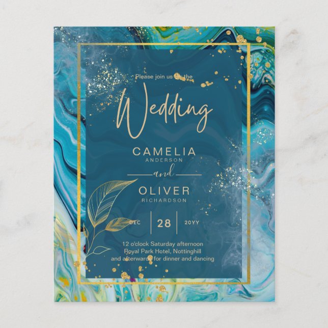 Flyer Casamento com Abstrato de Pavock Blue Dourado INK (Frente)