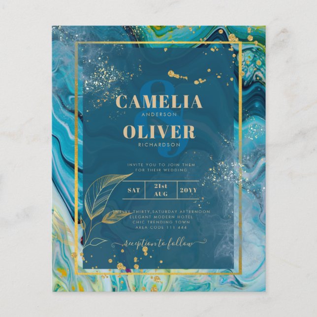 Flyer Casamento com Abstrato de Pavock Blue Dourado INK (Frente)