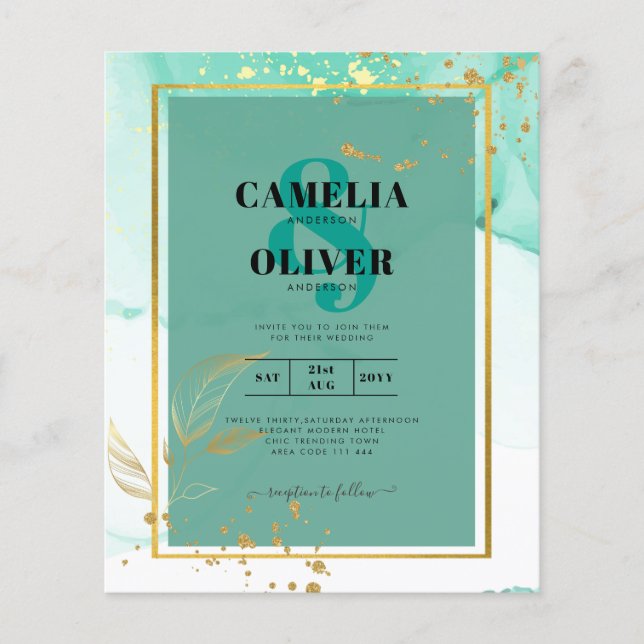 Flyer Casamento com Abstrato de Tinta Dourada de Álcool  (Frente)