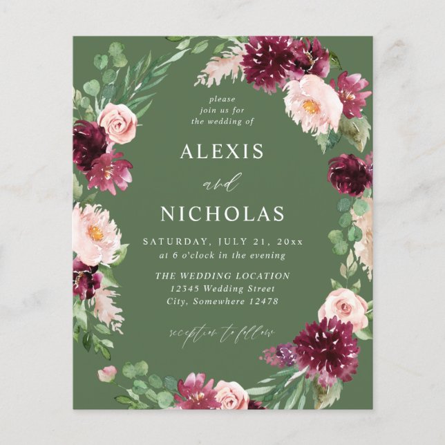 Flyer Casamento de Borboleta Rosa e Borgonha 7 - Verde (Frente)