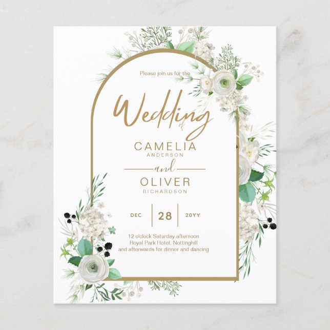 Flyer Casamento de Emerald Greenery, Roses Brancas de Ve (Frente)
