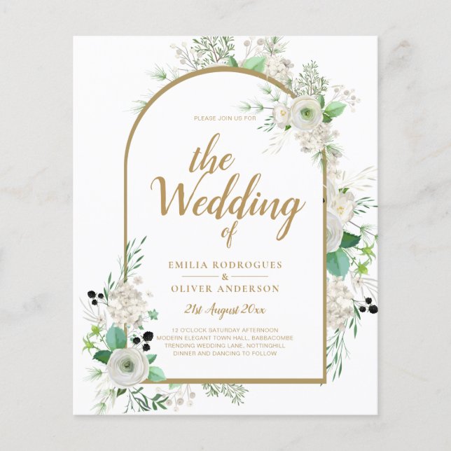 Flyer Casamento de Emerald Greenery, Roses Brancas de Ve (Frente)