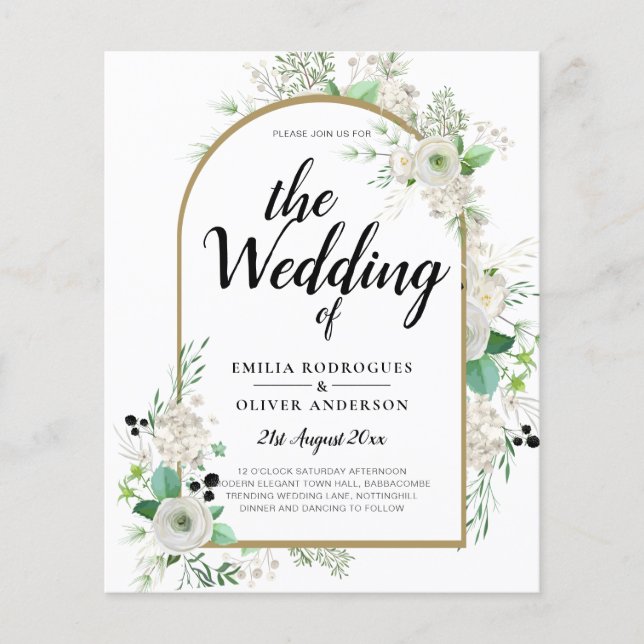 Flyer Casamento de Emerald Greenery, Roses Brancas de Ve (Frente)