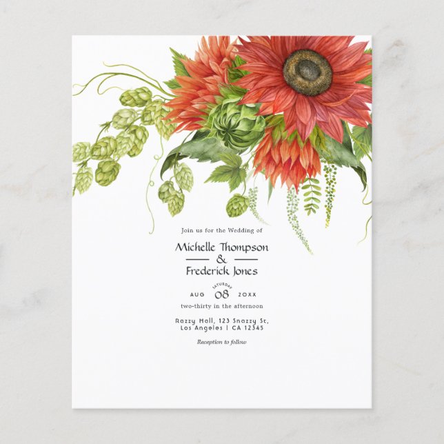 Flyer Casamento de Girassóis Vermelhos Rústicos Boêmios  (Frente)