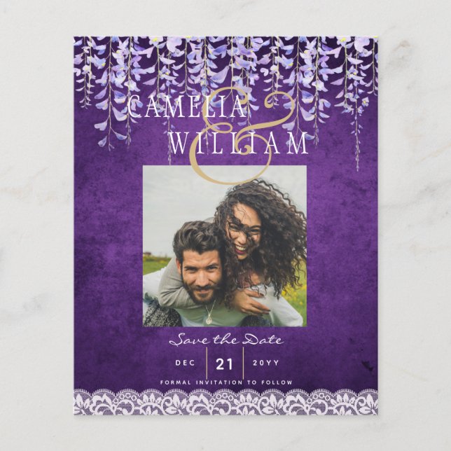 Flyer Casamento de Lace de Wisteria Roxo Moderno (Frente)