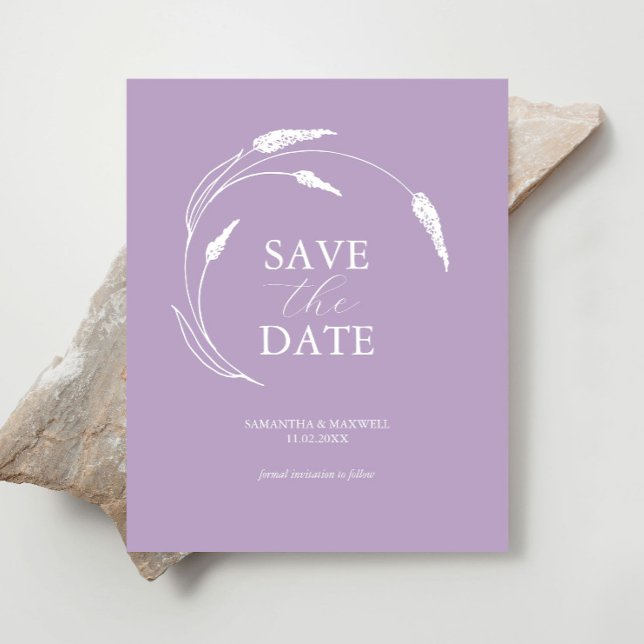 Flyer Casamento de Lavanda de Orçamento Salvar a Data (Budget wedding save the date minimalistic lavender line art by Victoria Grigaliunas.)
