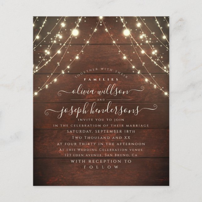 Flyer Casamento de Luzes de Madeira Rústicas e Elegantes (Frente)