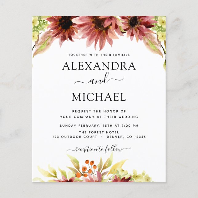 Flyer Casamento de País Sunflower Burgundy Orçamento (Frente)