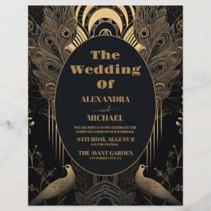 Flyer Casamento de Peacocks em Deco de Arte Elegante do