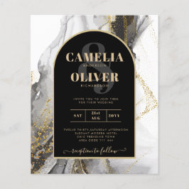 Flyer Casamento Dourado com mármore preto moderno, Marbl
