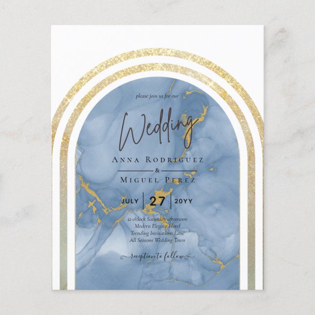Flyer Casamento Dourado de Arco Azul Marble no BUDGET Al (Frente)