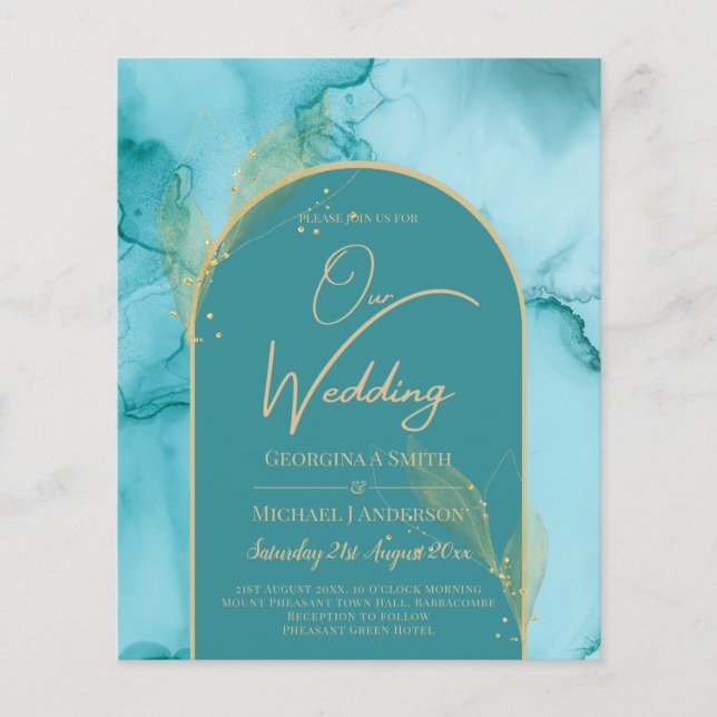 Flyer Casamento Dourado de Teal Turquoise Oceânica (Frente)