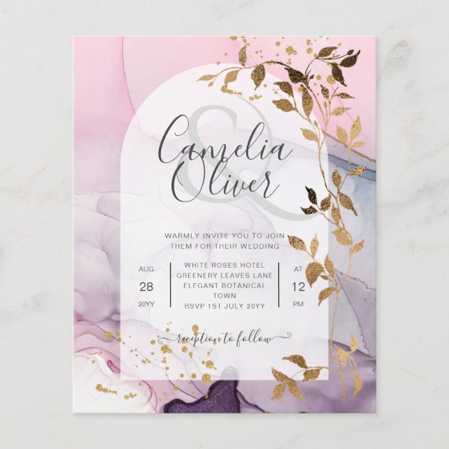 Flyer Casamento Dourado Rosa Rosa Púrpura de Mão-de-Tint (Frente)