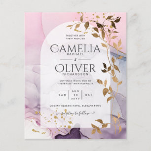 Flyer Casamento Dourado Rosa Rosa Púrpura de Mão-de-Tint