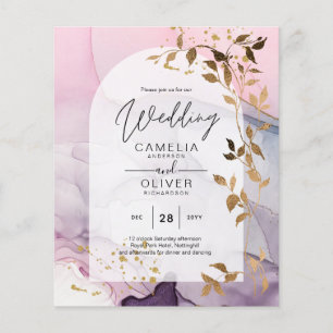 Flyer Casamento Dourado Rosa Rosa Púrpura de Mão-de-Tint