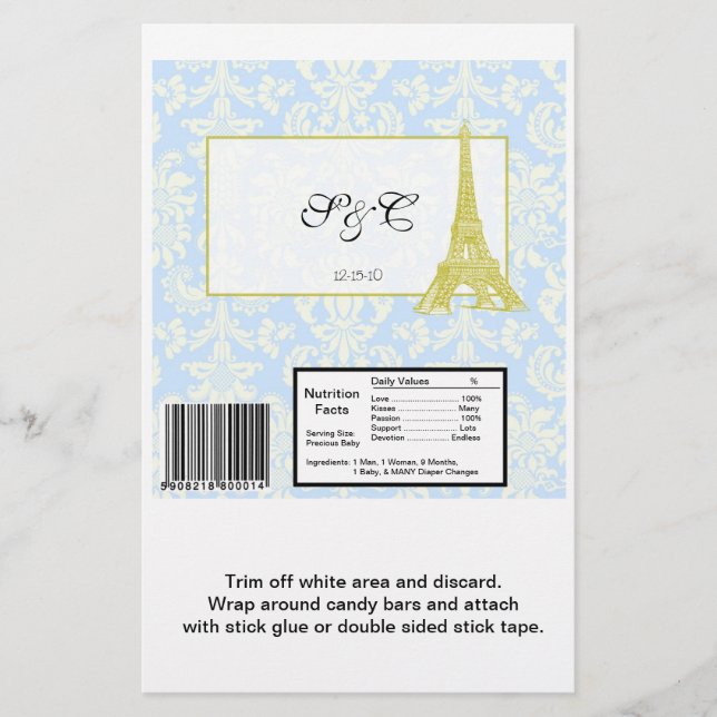 Flyer Casamento em Paris Blue Damask Large Candy Wrapper (Frente)