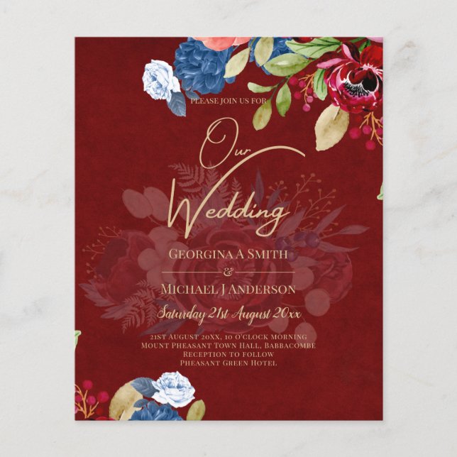 Flyer Casamento Floral Azul Borgonha Rústico (Frente)