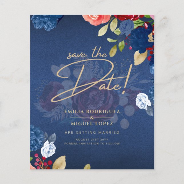 Flyer Casamento Floral Azul Borgonha Rústico SALVE A DAT (Frente)