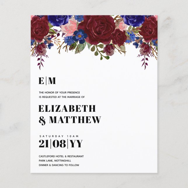 Flyer Casamento Floral Azul Burgundy com BAIXO PREÇO (Frente)