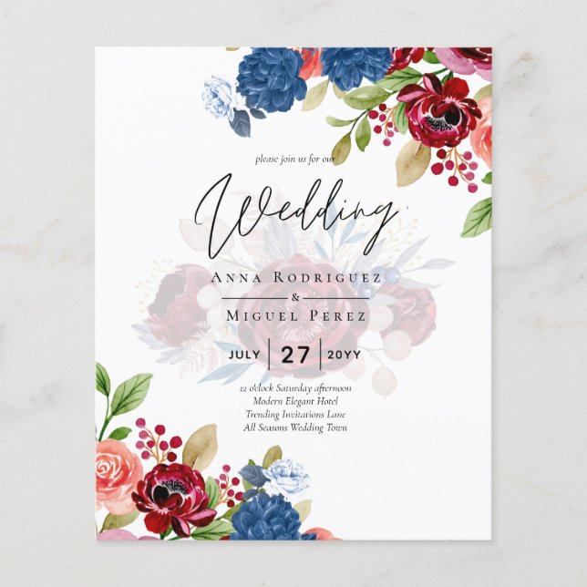 Flyer Casamento Floral Azul Burgundy Rústico (Frente)