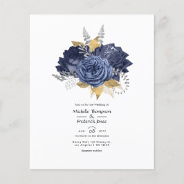 Flyer Casamento Floral Azul Marinho, Dourado e Prata