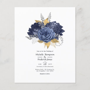 Flyer Casamento Floral Azul Marinho, Dourado e Prata