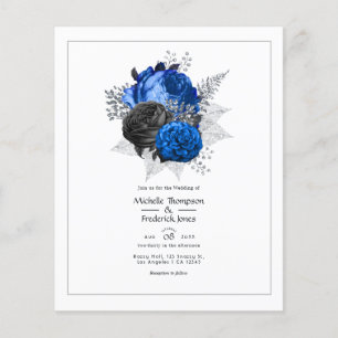 Flyer Casamento Floral Azul Real, Preto e Prata