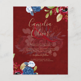 Flyer Casamento Floral Azul Rústico Borgonha
