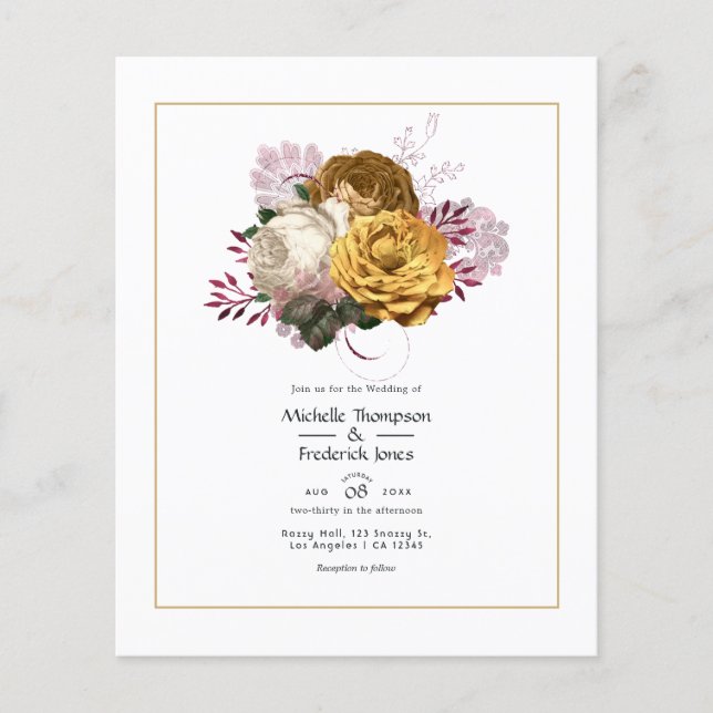 Flyer Casamento Floral Branco, Borgonha e Dourado (Frente)
