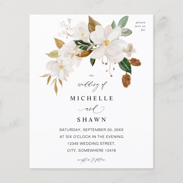 Flyer Casamento Floral Branco Magnolia de Orçamento (Frente)