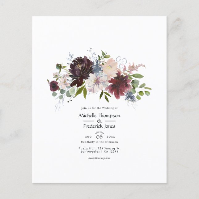 Flyer Casamento Floral Burgundy, Navy e Blush (Frente)